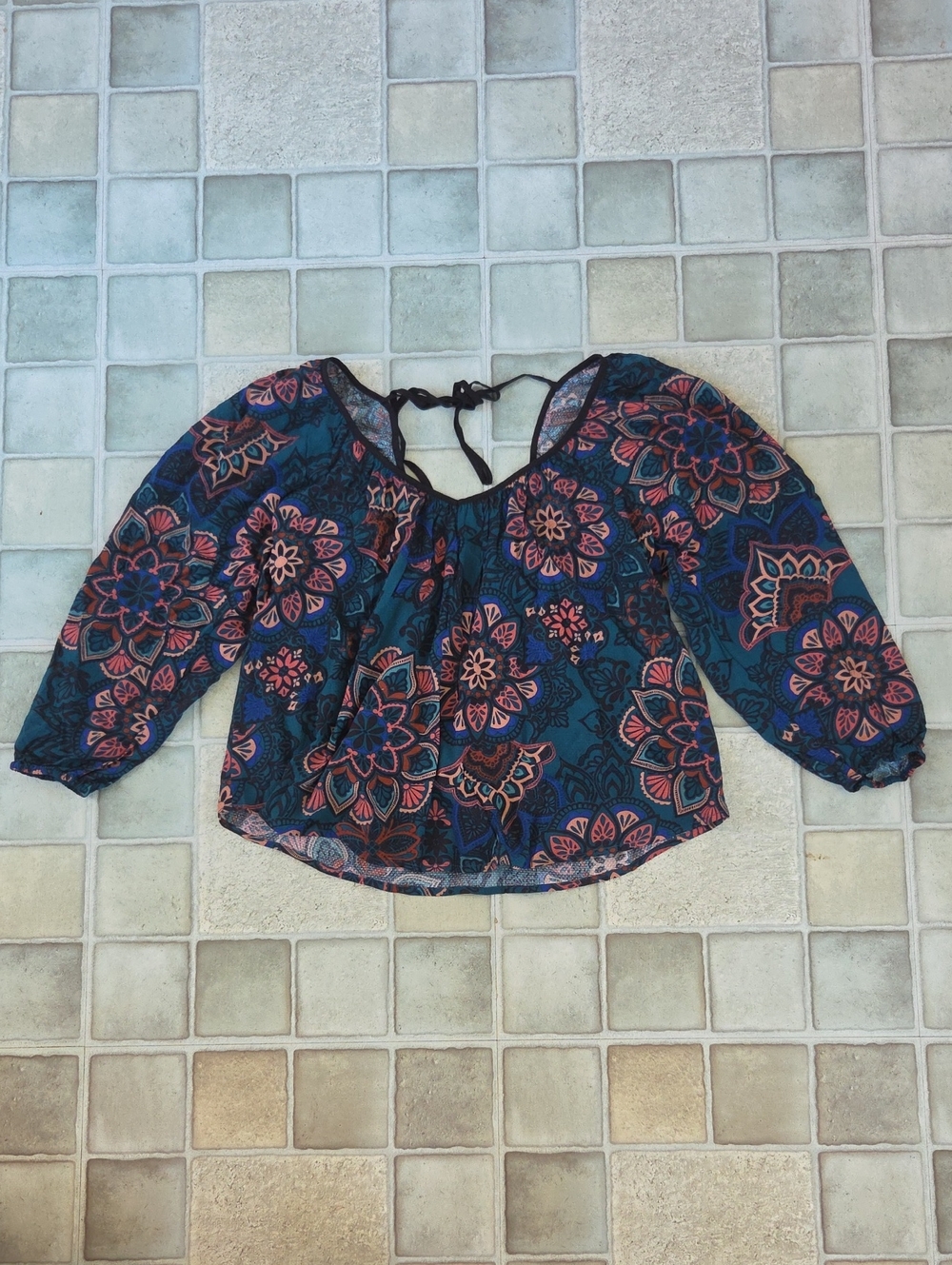 NWT Lovestitch Teal Peasant Blouse with Floral Print Size Small